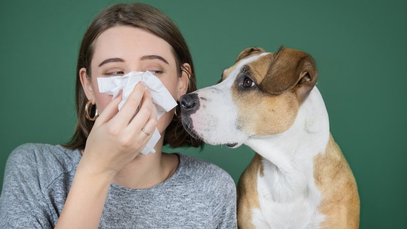 Mulher com sintomas de alergia a cachorro - Photoboyko/iStock