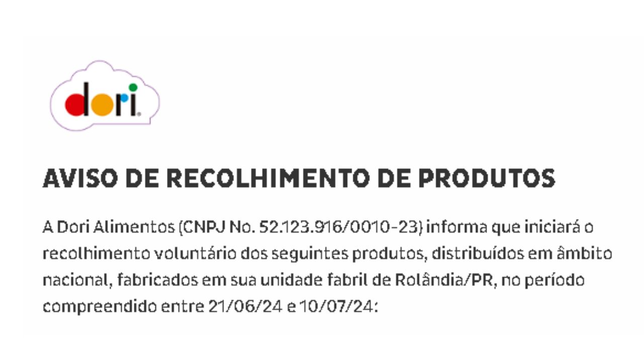 Aviso do recolhimento no site da marca Dori.