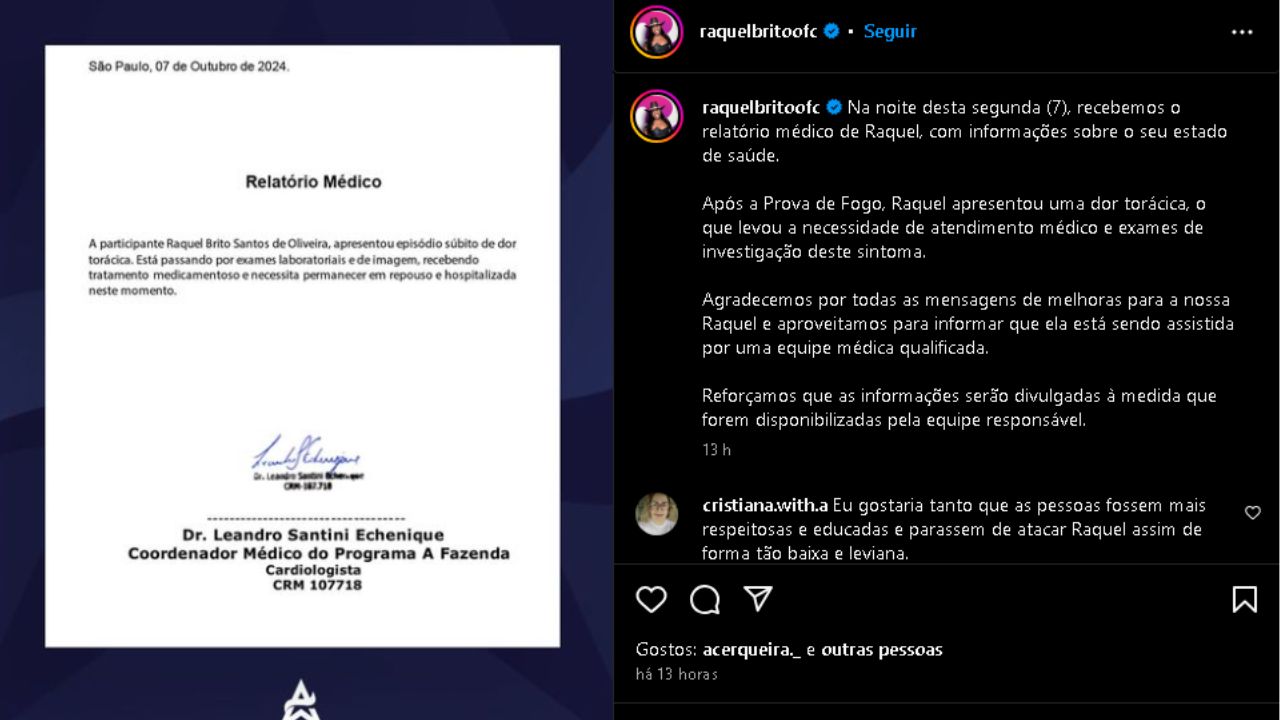 Captura de tela de publicação no perfil de Raquel Brito