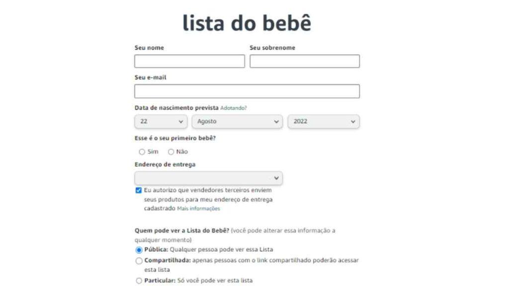 criar lista do bebê Amazon